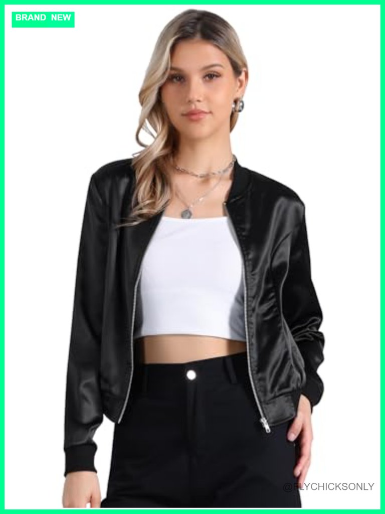 Satin Bomber Jacket Long Sleeve Zipper Floral Print Casual Fall Coat With Pocket